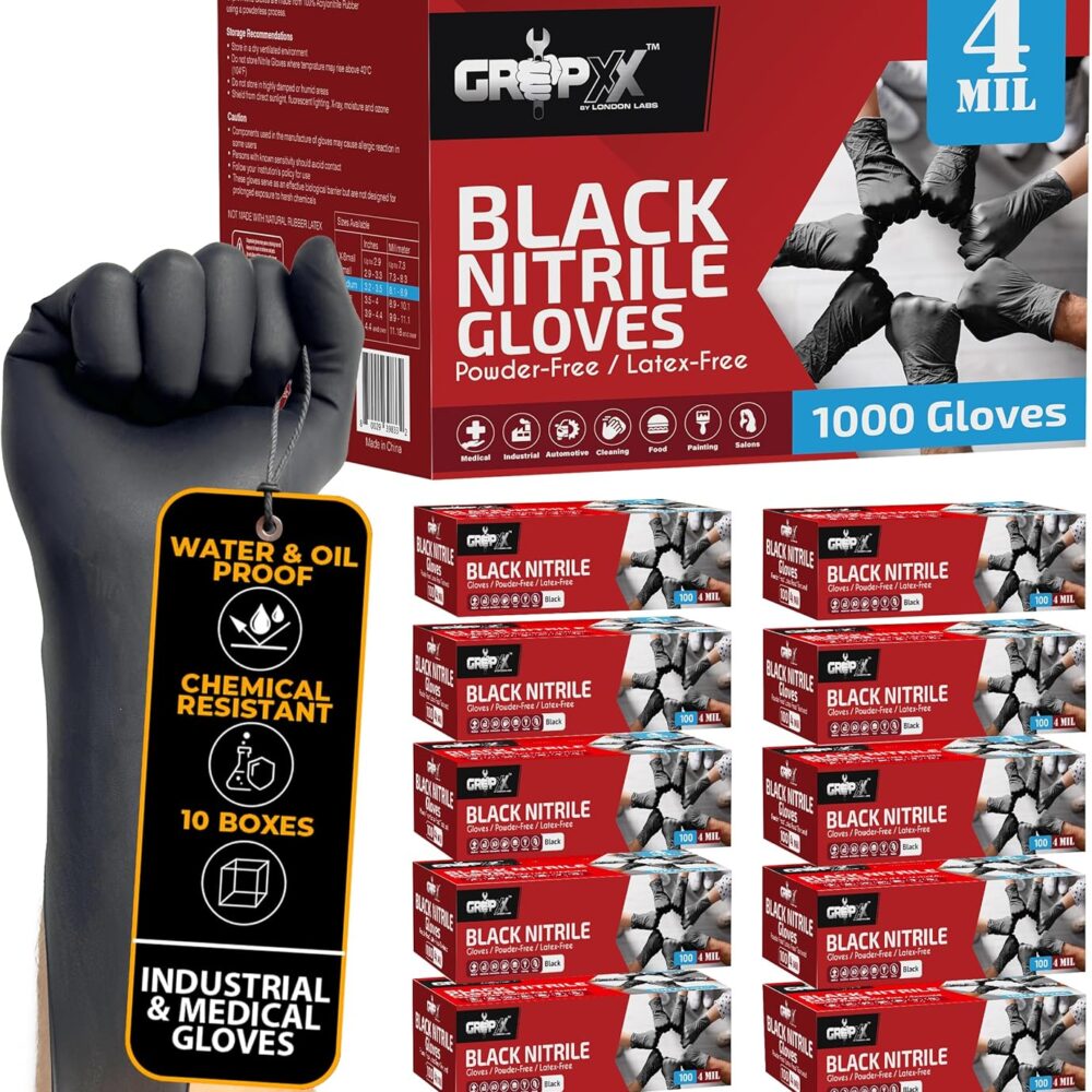 London Labs Black Nitrile Gloves Disposable Latex Free & Powder Free, 4 Mil Rubber Glove, Cleaning, Cooking, Mechanic(XS-XXL)