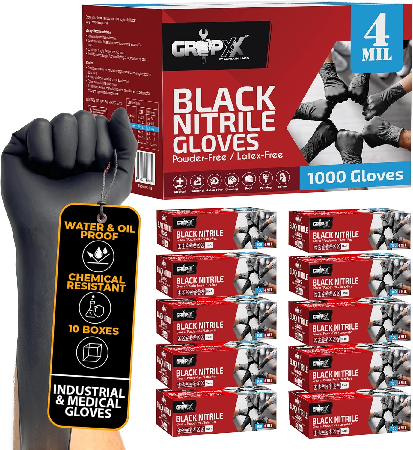 London Labs Black Nitrile Gloves Disposable Latex Free & Powder Free, 4 Mil Rubber Glove, Cleaning, Cooking, Mechanic(XS-XXL)