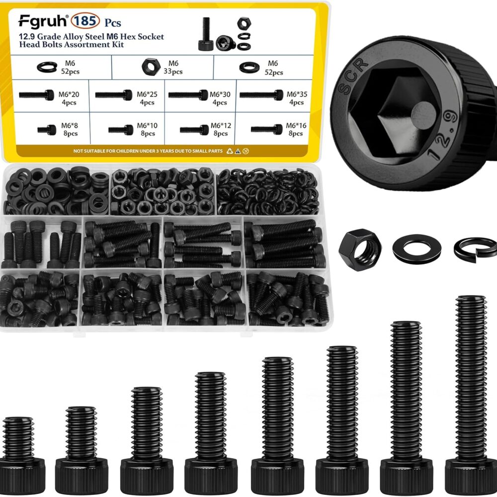 185PCS M6 Screws with Nuts Assortment Kit - M6x8/10/12/16/20/25/30/35 mm Hex Socket Head Cap Bolts with Nuts & Washers Assorted Set - 12.9 Alloy Steel Black Zinc Plated Anti-Rust Hardware Set