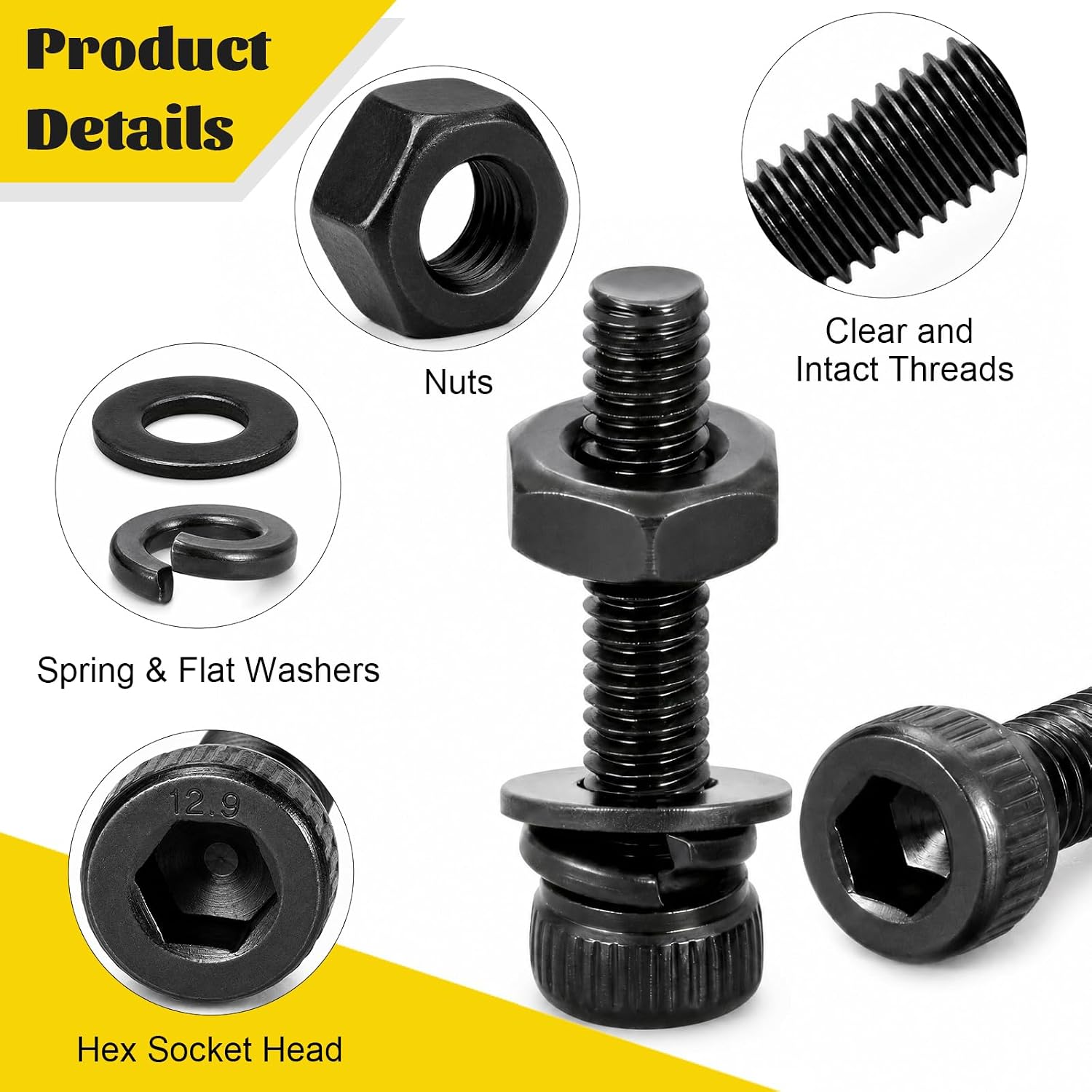 185PCS M6 Screws with Nuts Assortment Kit - M6x8/10/12/16/20/25/30/35 mm Hex Socket Head Cap Bolts with Nuts & Washers Assorted Set - 12.9 Alloy Steel Black Zinc Plated Anti-Rust Hardware Set - Image 3