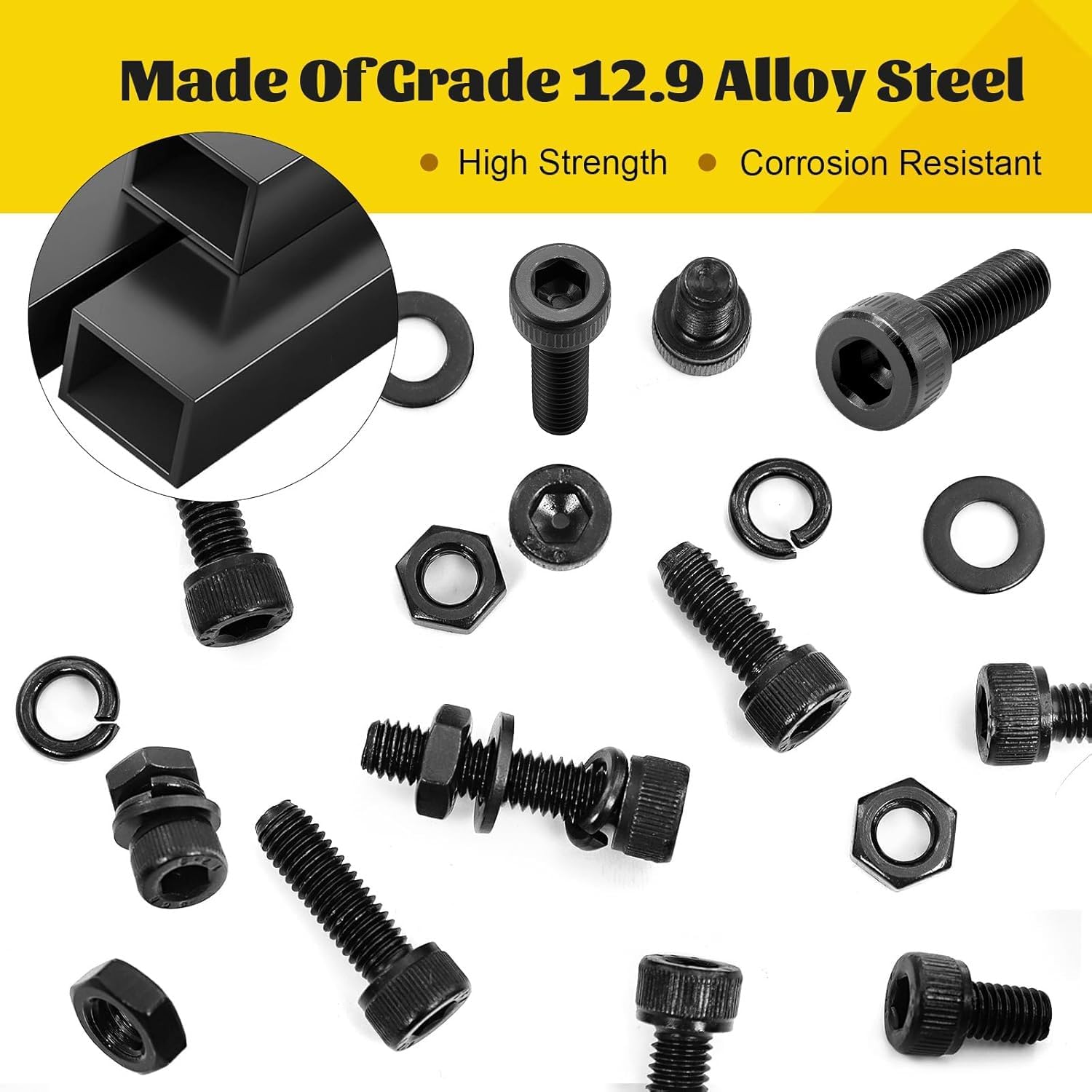 185PCS M6 Screws with Nuts Assortment Kit - M6x8/10/12/16/20/25/30/35 mm Hex Socket Head Cap Bolts with Nuts & Washers Assorted Set - 12.9 Alloy Steel Black Zinc Plated Anti-Rust Hardware Set - Image 4