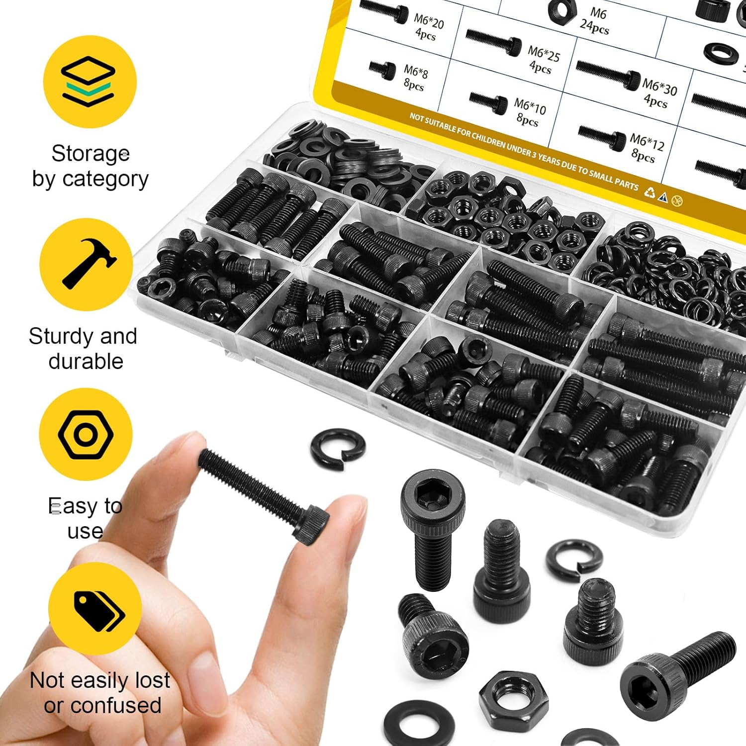 185PCS M6 Screws with Nuts Assortment Kit - M6x8/10/12/16/20/25/30/35 mm Hex Socket Head Cap Bolts with Nuts & Washers Assorted Set - 12.9 Alloy Steel Black Zinc Plated Anti-Rust Hardware Set - Image 5