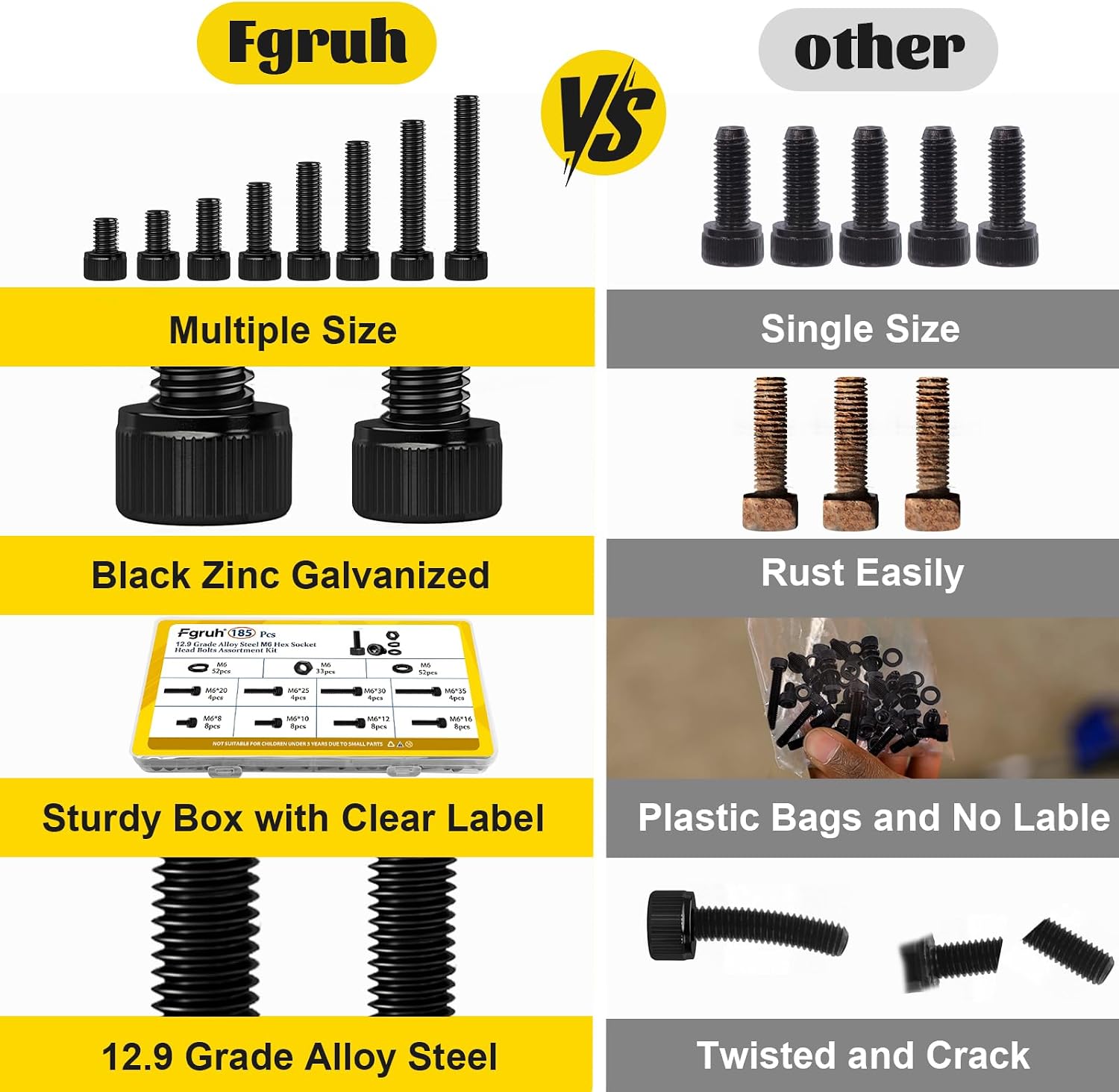 185PCS M6 Screws with Nuts Assortment Kit - M6x8/10/12/16/20/25/30/35 mm Hex Socket Head Cap Bolts with Nuts & Washers Assorted Set - 12.9 Alloy Steel Black Zinc Plated Anti-Rust Hardware Set - Image 6