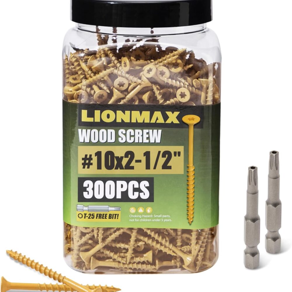 LIONMAX Deck Screws 2-1/2 Inch, Wood Screws #10 x 2-1/2", 300 PCS, Rust Resistant, Exterior Epoxy Coated, Outdoor Decking Screws, Torx/Star Drive Head Deck Screw, T25 Star Bit Included, Tan