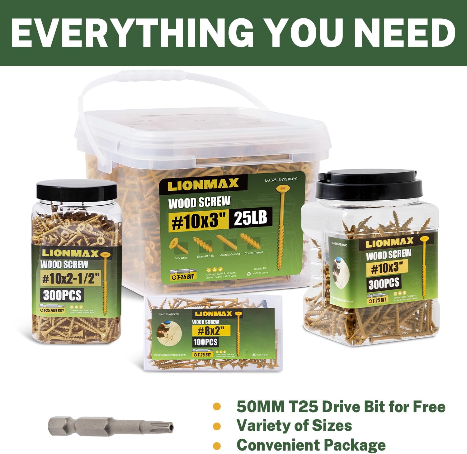 LIONMAX Deck Screws 2-1/2 Inch, Wood Screws #10 x 2-1/2", 300 PCS, Rust Resistant, Exterior Epoxy Coated, Outdoor Decking Screws, Torx/Star Drive Head Deck Screw, T25 Star Bit Included, Tan - Image 7