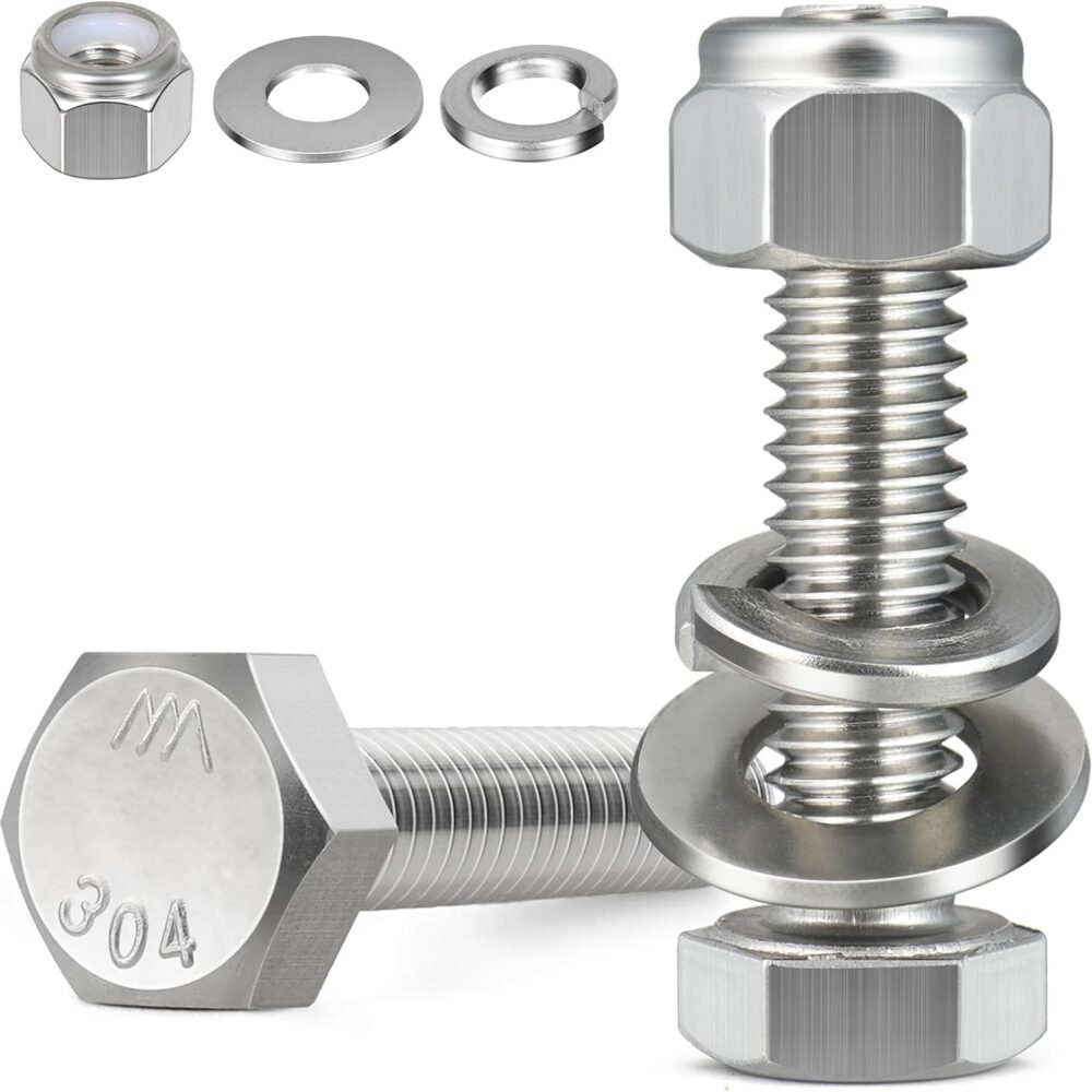 (12 Sets) 1/4-20 x 2-1/2" Hex Head Screw Bolt,Lock Nuts,Flat & Lock Washers Kits,304 Stainless Steel 18-8,Fully Threaded